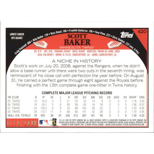 2009 Topps GOLD Border Scott Baker #420