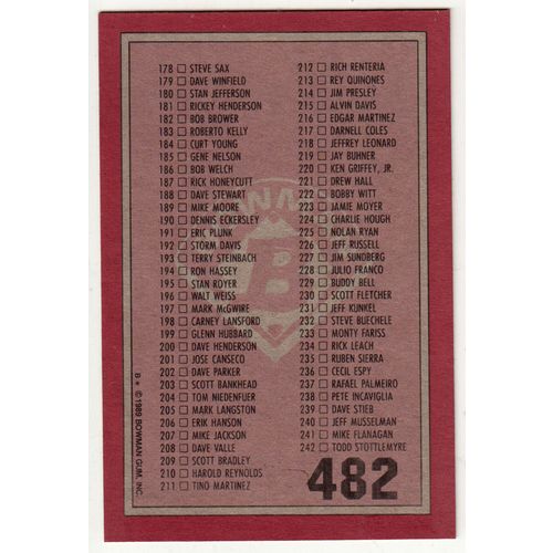 1989 Bowman Baseball Checklist unmarked card #482