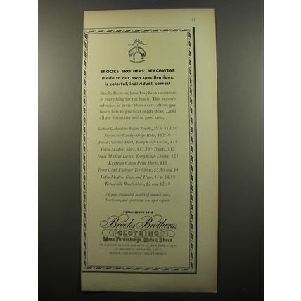 1950 Brooks Brothers Beachwear Ad - Beachwear made to our own specifications