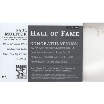 PAUL MOLITOR GAME JERSEY 2004 AUTOGRAPHED MILWAUKEE BREWERS HOF WORLD CHAMPION