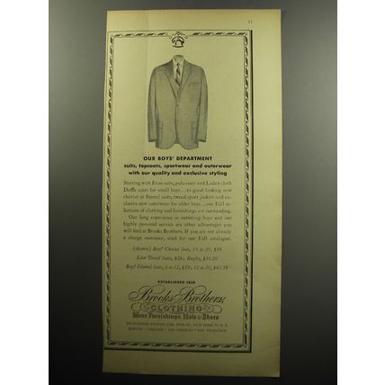 1957 Brooks Brothers Clothing Ad - Our boys' department suits, topcoats