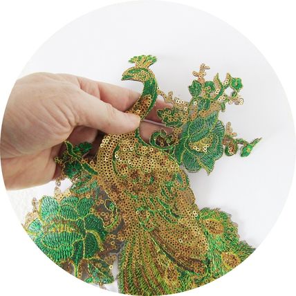 Very Large Peacock Sequin Iron On Badge Motif Green & Gold 45 x 24 cm P002