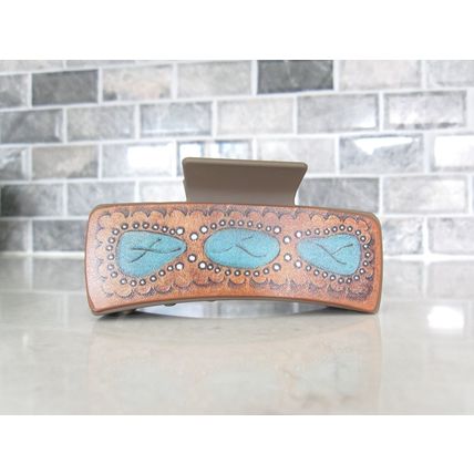Long brown faux leather effect turquoise blue native tribal hair claw clip
