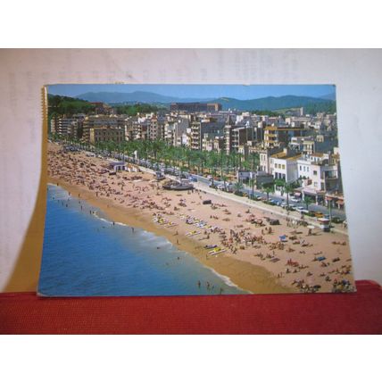 A BUSY BEACH, LLORET DE MAR, COSTA BRAVA, SPAIN used postcard. 1979 stamp =