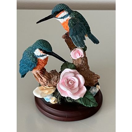 PAIR OF KINGFISHERS AND PINK ROSE FIGURINE