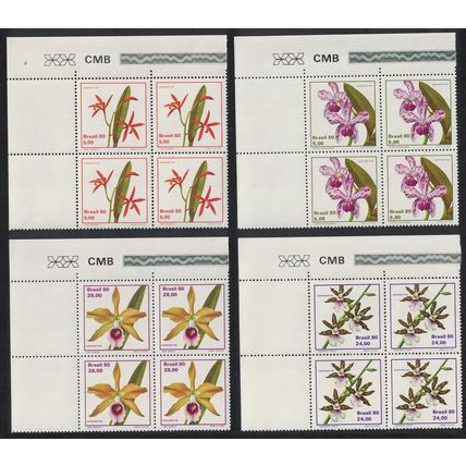 Brazil Orchids 4v Corner Blocks of 4 1980 MNH SG#1862-1865 MI#1785-1788
