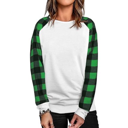 Green Buffalo Plaid Long Sleeve White Sweatshirt