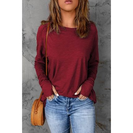 Red Solid Crew Neck Long Sleeve Top