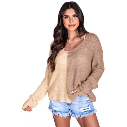 Khaki Long Sleeve V-Neck Colorblock Sweater
