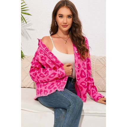 Pink Leopard Print Button Cuffs Raw Hem Jacket