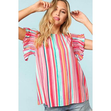 Stripe Abstract Print Stitching Ruffle Sleeve Blouse