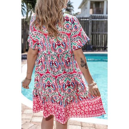 Pink Bohemian Print Tie Neck Ruffle Hem Short Dress