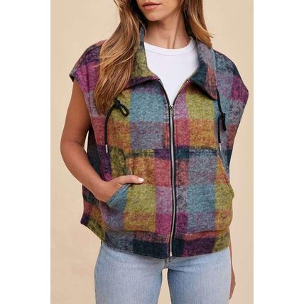 Multicolor Plaid Print Side Pockets Zipped Loose Vest