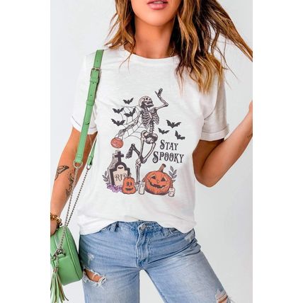 White Skull Pumpkin Face STAY SPOOKY Graphic Halloween T Shirt