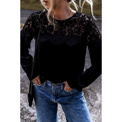 Black Lace Crochet Patchwork O Neck Long Sleeve Top