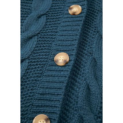 Peacock Blue Cable Knit Button Front Pocketed Baggy Cardigan