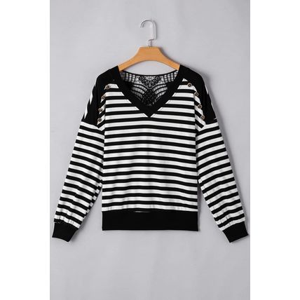 Black Stripe Crochet Hollow-out Back Buttoned Shoulder V Neck Top