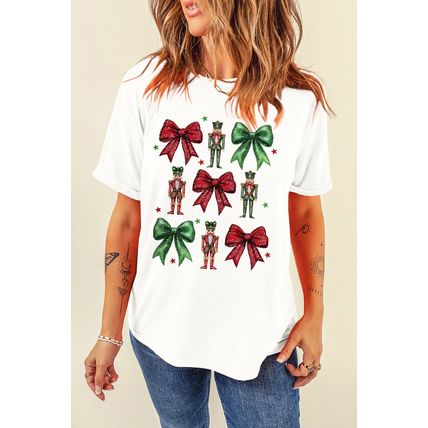 White Bowknot Nutcracker Printed Crewneck Christmas T Shirt