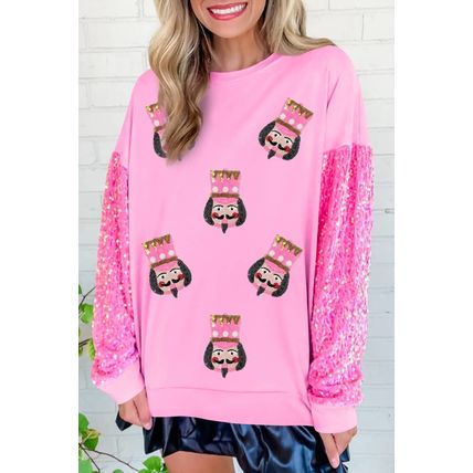 Pink Christmas Nutcracker Graphic Sequin Patchwork Long Sleeve Top