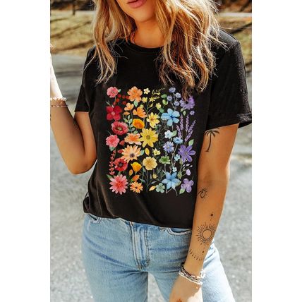 Black Beautiful Flower Print Cotton Blend Casual Tee
