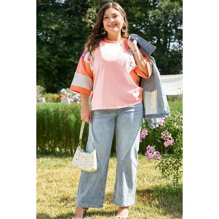 Orange Plus Size Floral Print Patchwork Raglan Half Sleeve Top