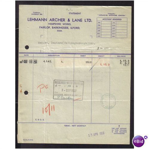 LEHMAN ARCHER & LANE LTD, ILFORD ,ESSEX, 5MAR1953