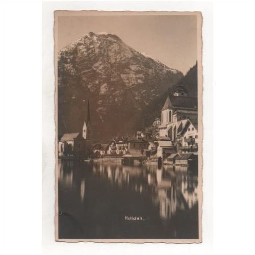 Fairytale scene of mountain lake buldings Hallstatt Austria postcard