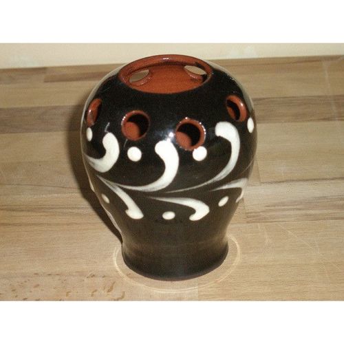 Black Studio Pottery Slip Decorated Vase / Pot Pourri Vase