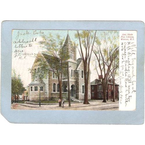 Rhode Island Warren Postcard Geo Haile Free Library Undivided Back~1179