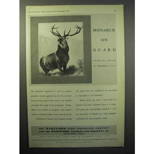 1933 Hartford Insurance Ad - Monarch on Guard