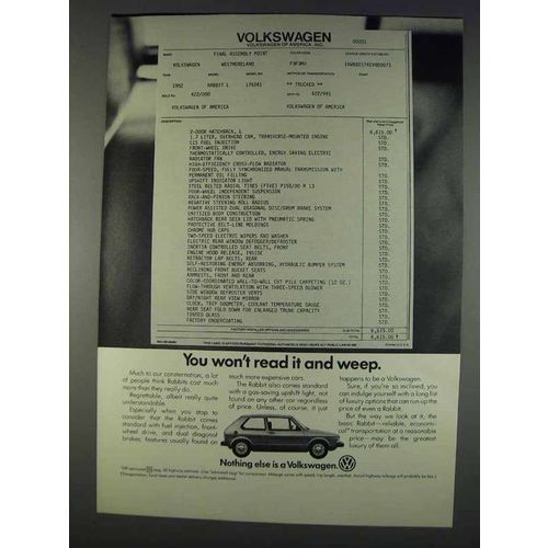 1982 Volkswagen Rabbit Ad - Won't Read it and Weep