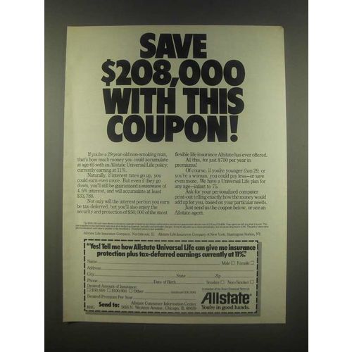 1985 Allstate Insurance Ad - Save $208,000 with This Coupon