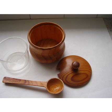 Treen Preserve Pot Turned Wood Jam Honey Storage Jar Plastic Liner with Spoon Vi