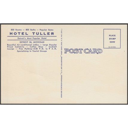 Hotel Tuller, Detroit, Michigan, 1951 - Curt Teich Postcard