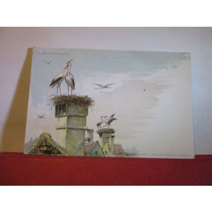 AMOUR ET RIVALITE, STORKS ON CHIMNEYS unused French antique postcard bird =