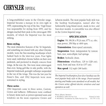 Collectors Club card. Classic Cars. Chrysler Imperial