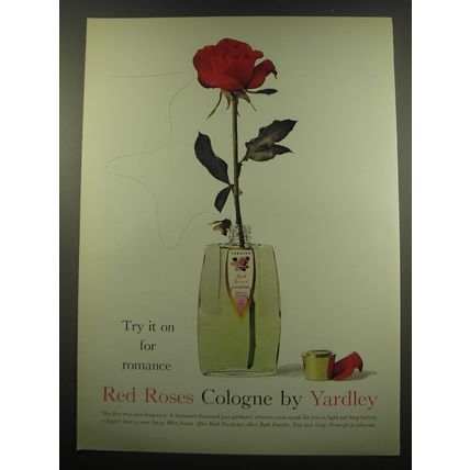 1960 Yardley Red Roses Cologne Ad - Try it on for Romance