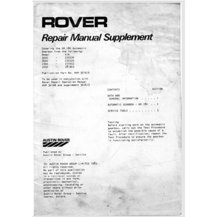 Rover GM180 Auto Gearbox Repair Manual Supplement 1983 AKM3616/6 PDF