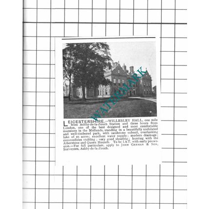 Willesley Hall Ashby de la Zouch Leicestershire Sale Advert 1903 SMALL Clipping