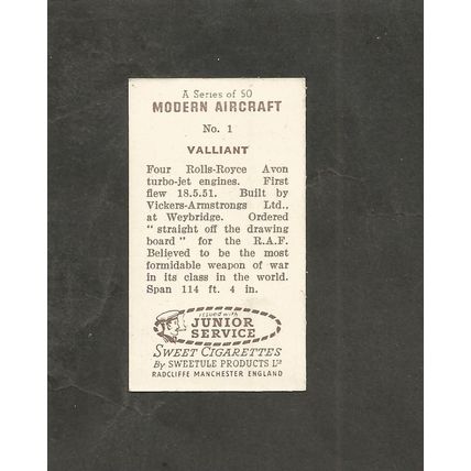 Sweet Cigarette Cards Sweetule Modern British Aircraft 1954 #1 Vickers Valliant