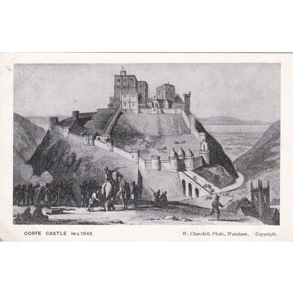 B856 CORFE CASTLE IN 1643. PRINTED POSTCARD