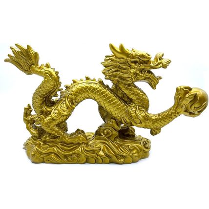FUNSXBUG Large 13 Inch Chinese Gold Dragon Statue Feng Shui Decor Figurines Scul