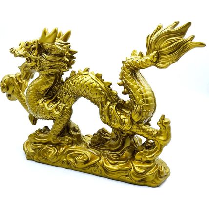 FUNSXBUG Large 13 Inch Chinese Gold Dragon Statue Feng Shui Decor Figurines Scul