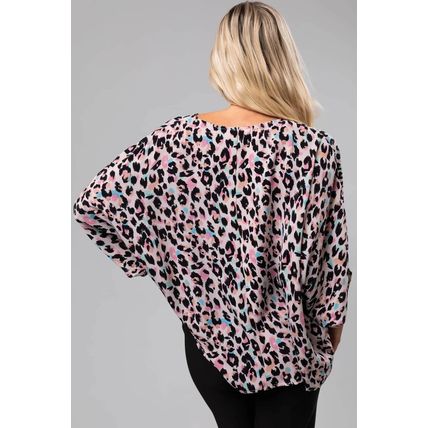 Brown Leopard Print V Neck Batwing Sleeve Plus Size Top