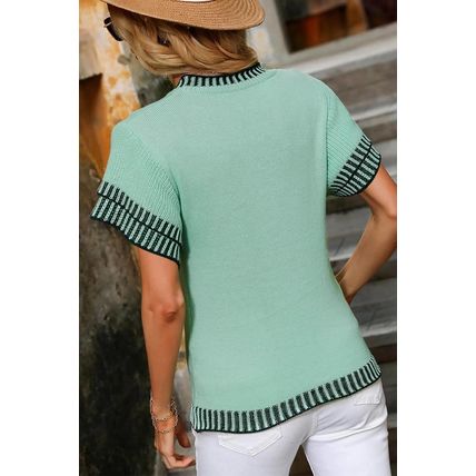 Mint Green Contrast Trim Round Neck Batwing Sleeve Knitted Top