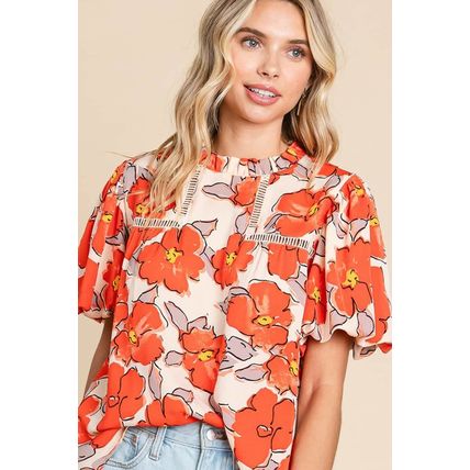Orange Floral Bubble Sleeve Frill Neck Loose Blouse