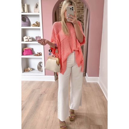 Fresh Salmon Rolled Cuffs Loose Knit Tee with Slits