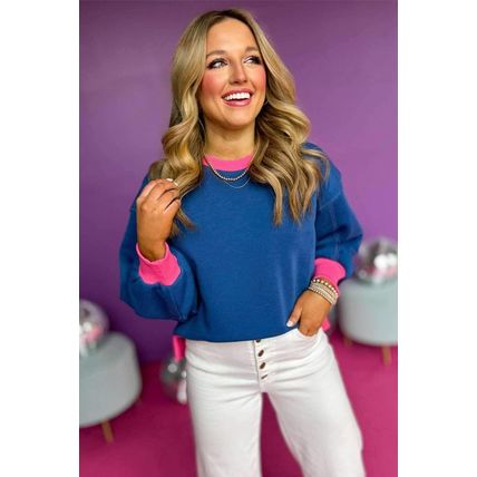 Blue Colorblock Bubble Sleeve Sweatshirt