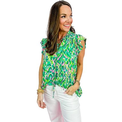 Green Abstract Print Ruffled Trim Tied Split Neck Tank Top