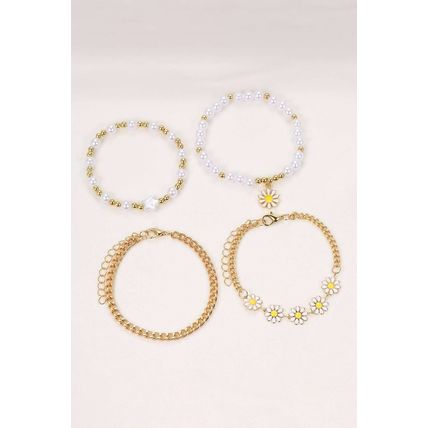 White 4pcs Daisy Pearl Beaded Chain Bracelet Set